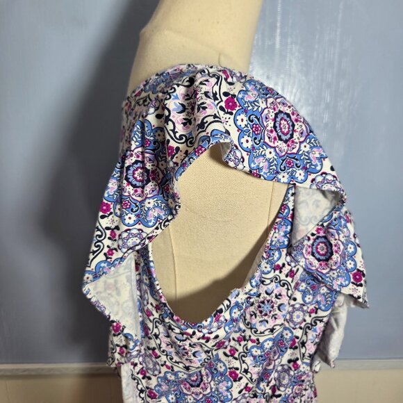 Loft Medium Pink Blue Floral V Neck Ruffle Sleeveless Knee Length Summer Dress - Picture 5 of 9